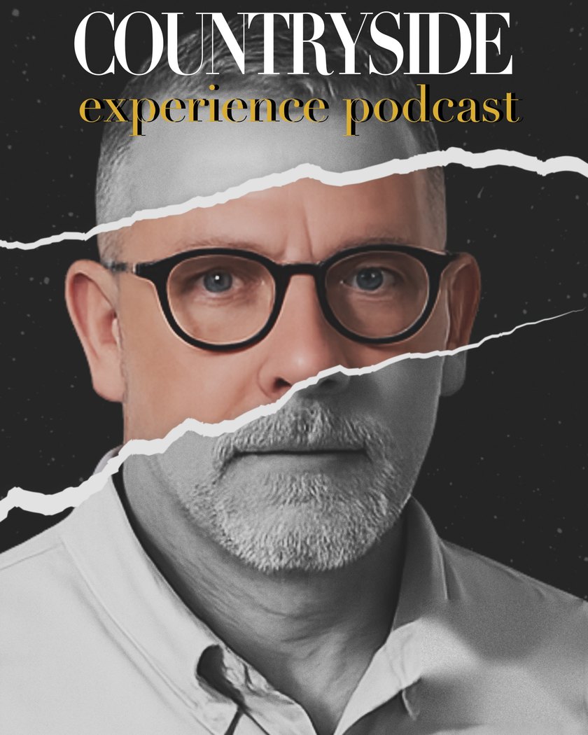 Magazine-style cover reading Countryside Experience Podcast, with a portrait of the show's host in round glasses.